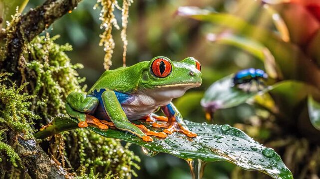 Vibrant Red-Eyed Tree Frog in Lush Rainforest Habitat Close-Up  Wildlife Video