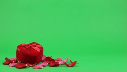 Romantic velvet heart gift box with rose petals on vibrant green background conveys love, perfect for Valentine's Day promotions
