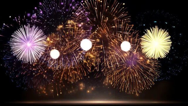 A vibrant display of fireworks explodes against a dark night sky, illuminating the scene with colorful bursts and glowing trails.  The spectacle is enhanced by a ground-level haze of golden light