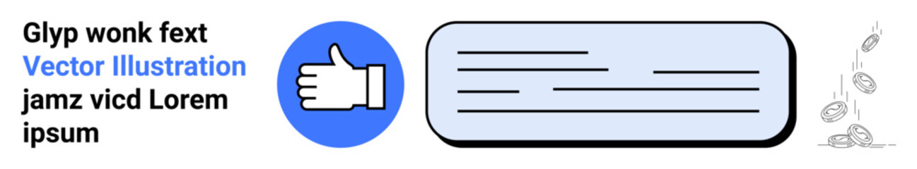 Communication, approval, feedback, social media, messages, minimal design. A thumbs-up icon with text blocks and simple graphics. Approval and feedback symbol in a digital context