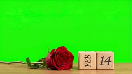 Romantic red rose and February 14th date for elegant Valentine's Day promotions and heartfelt greeting cards with vibrant green screen