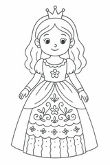 Children’s princess coloring page featuring a lovely princess with a crown, long dress and decorative patterns. Thin black line art with simple clear contours and many inner details for coloring. 