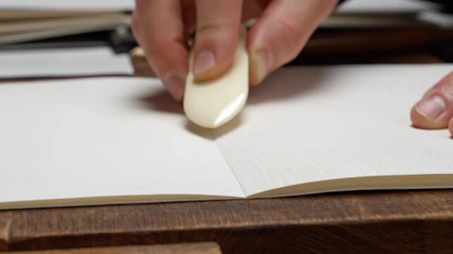 Close-up of skilled hands using a bone folder to crease delicate handmade paper for bookbinding or art project with warm natural light and shallow depth of field emphasizing texture and precision