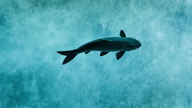 A solitary fish glides through a textured, turquoise environment. 