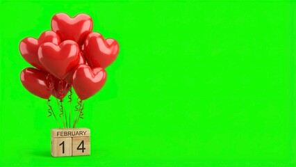Romantic Valentine's Day scene with red heart balloons and February 14th date blocks against vibrant green, perfect for love and celebration themes
