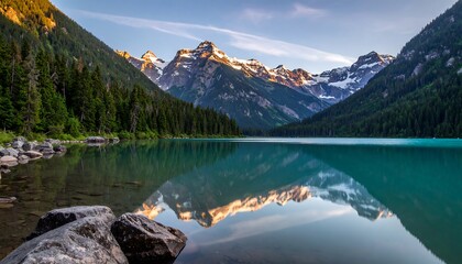 Serene mountain lake reflects snow-capped peaks, framed by lush green trees under a soft, golden sky