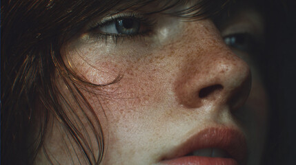 A portrait captures a young lady with freckles, staring intensely with her eyes. Close up face features her eyes, lips, and red hair. She's deep in thought.