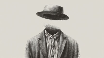 Surreal depiction of a formal figure in suit and hat, floating above shoulders with invisible face,