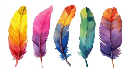 Five vibrant feathers showcase a spectrum of colors including yellow, red, purple, blue, orange brown with blue tips,