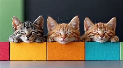 Three adorable kittens are sleeping with their paws resting on colorful wooden blocks. Studio shot with a dark background.
