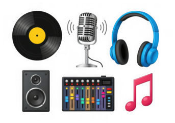 Music equipment collection vinyl, microphone, headphones, speaker, mixer, note, isolated on transparent background