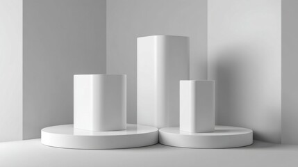 Three white rectangular prisms of varying heights stand on circular pedestals against a neutral backdrop,