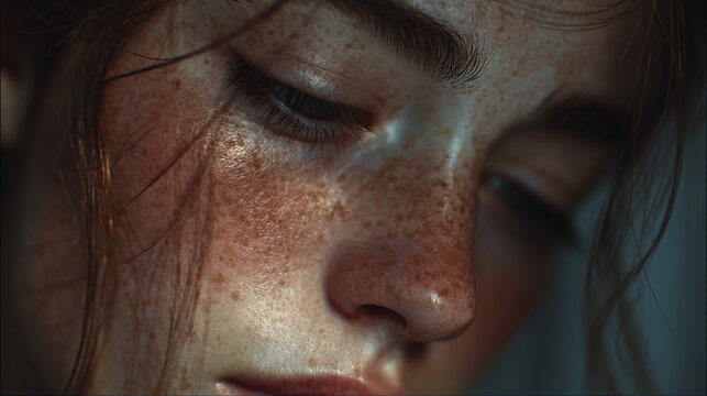 A close-up of a thoughtful woman's face, highlighting her skin, eyes, and freckles, evoking a sense of introspection and serenity