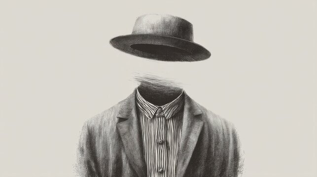 Surreal depiction of a formal figure in suit and hat, floating above shoulders with invisible face,