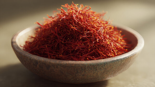 Rich red saffron threads piled high in a rustic bowl, a luxurious spice for culinary creations.