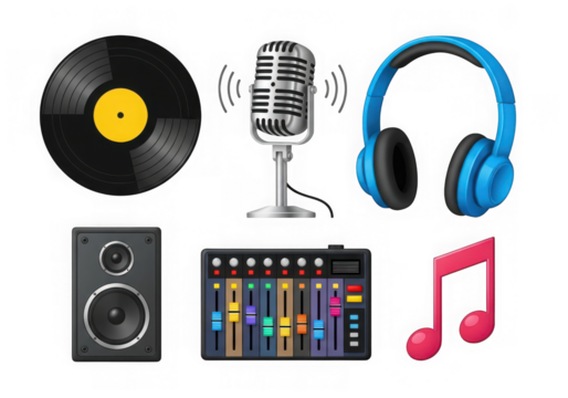 Music equipment collection vinyl, microphone, headphones, speaker, mixer, note, isolated on transparent background