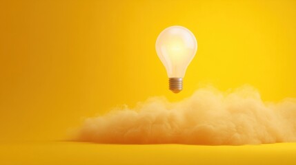 A glowing light bulb floats above fluffy clouds on a bright yellow background,