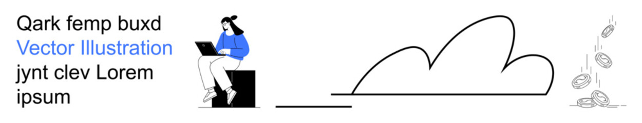 Digital economy, remote work, cloud computing, financial growth, online transactions, innovation. Minimalist design with person using laptop, cloud and falling coins. Remote work and digital economy