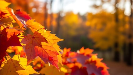 Vibrant autumn maple leaves in warm sunlight with a blurred forest background in fall