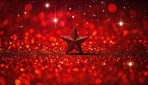 A single red glitter star on a sparkling red bokeh background with bright lights.