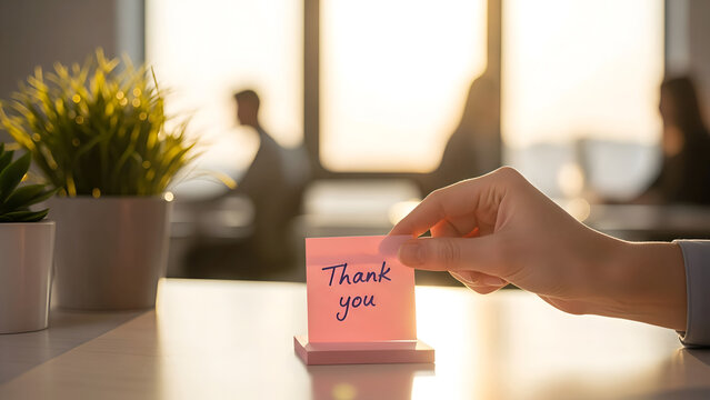 Hand Holding Thank You Note in Bright Office with Plants and Soft Background, Creating a Warm Appreciative Workplace Atmosphere.