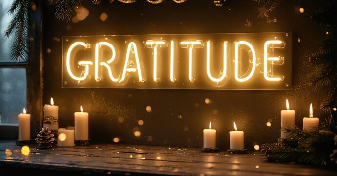 Warm gratitude neon sign glows amid candles. Festive winter scene evokes cozy feelings, peaceful ambiance. Soft light illuminates space. - Powered by Adobe