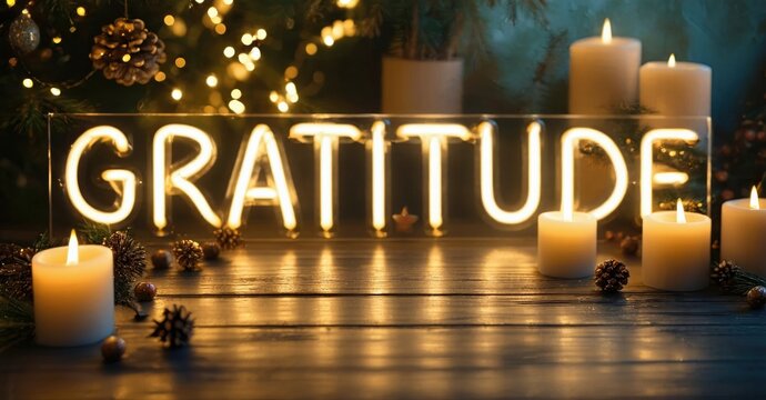 Warm lighting highlights gratitude text. Candles, pinecones create cozy winter scene. Festive, peaceful atmosphere radiates from image.