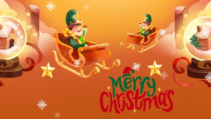 A Merry Christmas Greeting red and Blue color background with pine tree branches, snowfall and Christmas ball decorations.  Christmas card