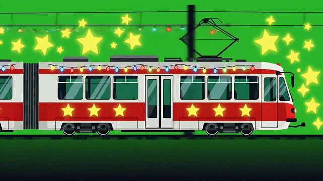 Red White City Tram Passing Green Star Background.