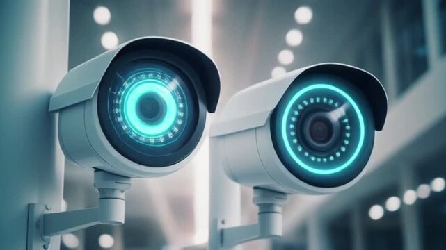Close-Up of Two Modern CCTV Security Cameras Monitoring a Blurred Indoor Area. Surveillance Technology.