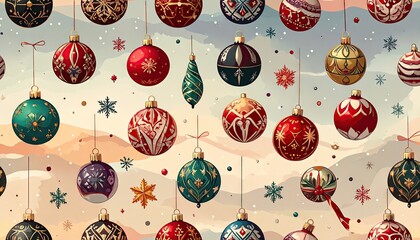 Vibrant collection of ornate Christmas ornaments hanging for festive holiday decoration.
