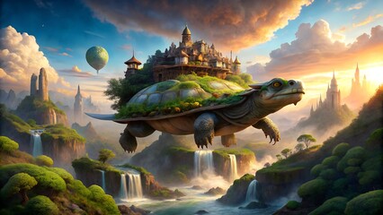 Enchanted floating castle atop a giant turtle soaring through a surreal fantasy landscape