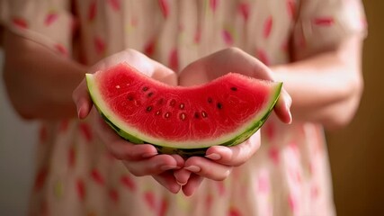 A closeup image of a person holding a slice of watermelon in their hands. The watermelon is vibrant red with dark green rind and seeds visible. The persons hands are gently cradling the watermelon.