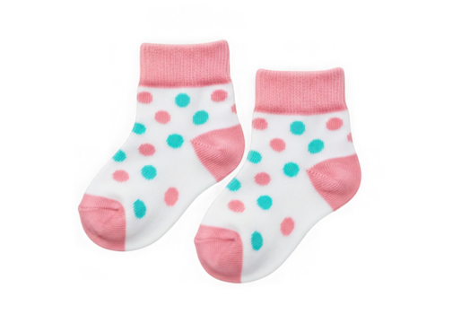 A pair of white baby socks pink blue polka dots, a pink cuff toe, isolated on transparent background - Powered by Adobe