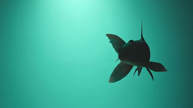 A stylized image shows a lone fish swimming in murky turquoise water. The fish is dark, with visible fins and whiskers. A slightly different tone is visible at the bottom