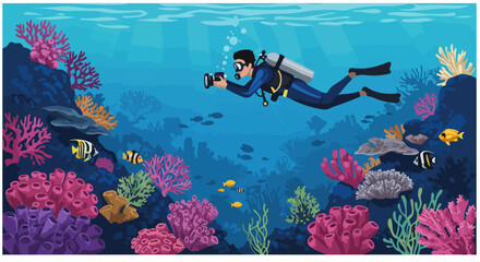 Scuba diver photographing a vibrant coral reef underwater scene filled with colorful tropical fish and deep blue ocean life. © Sabrina