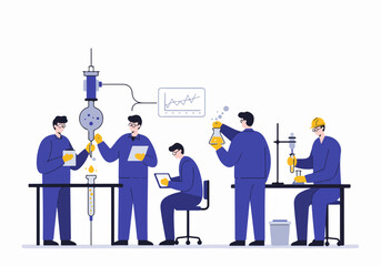 Industrial research team performing chemical testing, utilizing specialized laboratory equipment and digital data analysis.