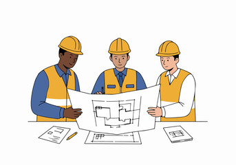 Diverse construction team reviewing blueprints and architectural plans. Project managers collaborating on engineering schematics illustration.
