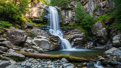 Discover the beauty of this vibrant waterfall cascading over mossy rocks in a serene forest, perfect for travel blogs, nature documentaries, or outdoor adventure promotions