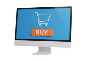 Ecommerce concept a computer monitor a shopping cart buy button, isolated on transparent background