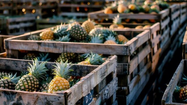 pineapples in wooden crates at a market stallpineapple.