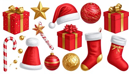 Festive collection of traditional red and gold Christmas holiday decorations and gifts.