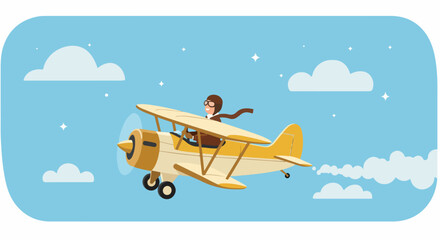 A cheerful pilot in a vintage biplane flying high through a bright blue, cloudy sky. © Sabrina