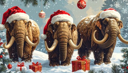Three mammoths wearing Santa hats in a snowy winter landscape with Christmas gifts and ornaments.