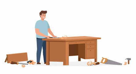 Happy Carpenter Woodworker Illustration Standing at a Wooden Desk with Tools and Wood Shavings, Showing Craftsmanship.