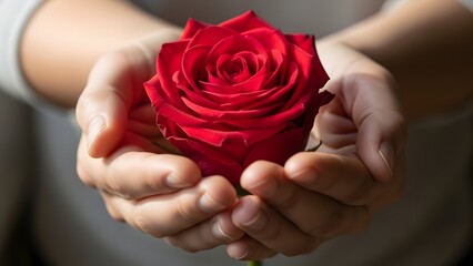 A stunning red rose gently cradled in loving hands, perfect for expressing romance, gratitude, or celebrating special moments with vibrant beauty