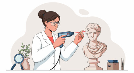 Scientist using a laser tool to examine and restore an ancient classical bust sculpture, symbolizing art conservation technology.