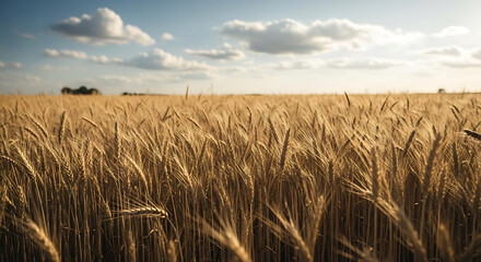 A golden wheat field under a blue sky with scattered clouds on a sunny day in the countryside ai generated