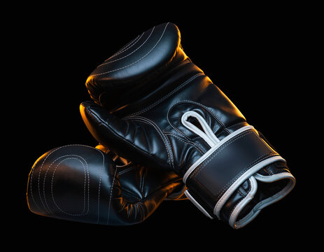 A pair of black leather boxing gloves resting against each other in dramatic lowkey lighting against a solid black background, emphasizing texture and form