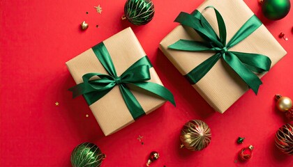 Festive Christmas Gifts and Ornaments on Red Background.